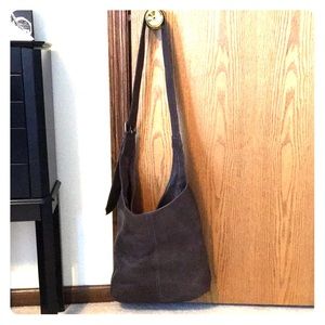 Large grey leather crossbody purse